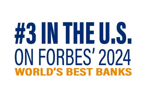 blue and orange text describing Gate City Bank being recognized as #3 in the U.S. on Forbes’ 2024 list of World’s Best Banks