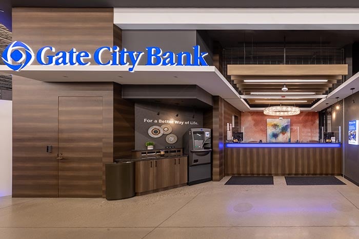 Welcoming entrance of Gate City Bank inside the Gateway West Hornbacher’s, located right on Sheyenne Street in West Fargo, ND