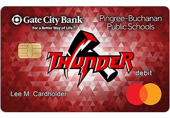 Example of Pingree-Buchanan Public Schools debit card from Gate City Bank