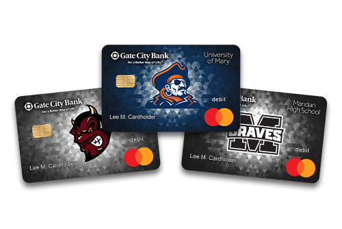 Collage of Gate City Bank local school debit cards, featuring the U of Mary, Bismarck High School and Mandan High School.