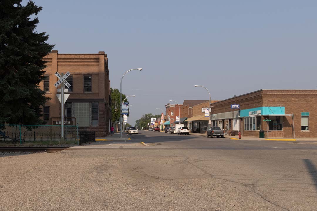 Main Street view by the railroad crossing in downtown Mayville, ND