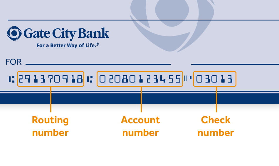 screenshot image of a sample check that highlights the routing account and check numbers
