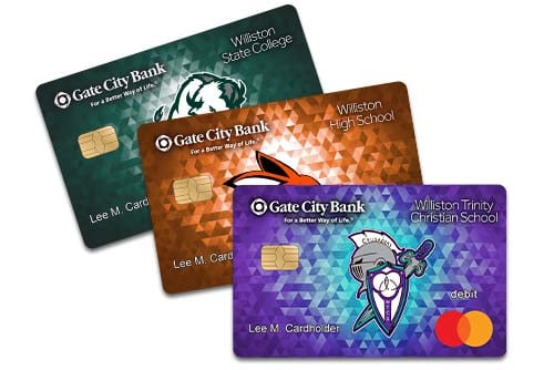Collage of Gate City Bank school debit cards for Williston High School, Williston State College and Williston Trinity Christian School 
