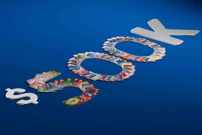 My School Spirit Gate City Bank debit cards arranged to form 500, representing the $500,000 donated to ND and MN schools.