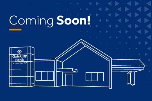 Line illustration of new Gate City Bank building in Carrington, scheduled to open in late July 2026