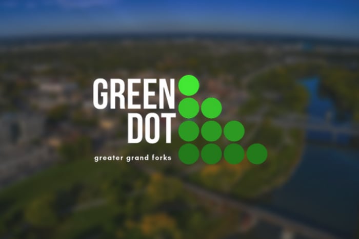 Green Dot logo of multiple green dots trending downward with blue background