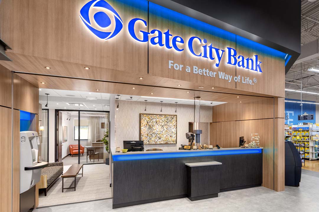 Welcoming entrance of Gate City Bank inside Coborn’s grocery store in Elk River, Minnesota