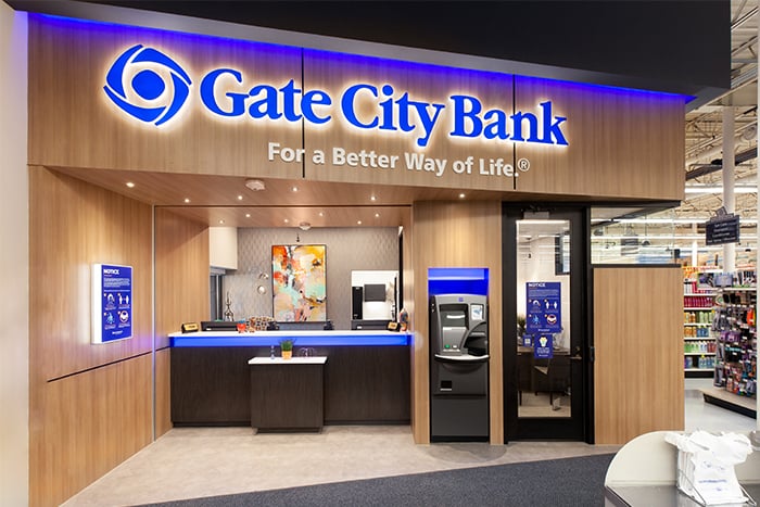 the entrance of Gate City Bank’s location within Cash Wise Foods in Bismarck ND