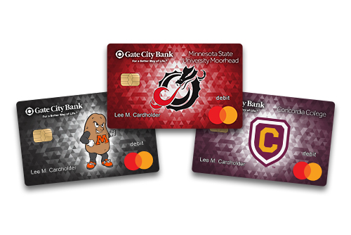 Collage of Gate City Bank debit cards, featuring MSUM Dragons, Moorhead Spuds and Concordia College Cobbers