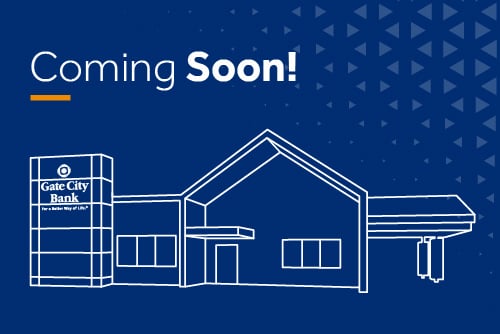 Line illustration of new Gate City Bank building in Mayville, scheduled to open in July 2026