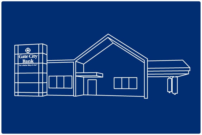 Line illustration of new Gate City Bank building in Carrington, scheduled to open in late July 2026