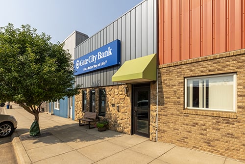 Front door of Gate City Bank, located at 111 South Main Street in Hettinger, North Dakota