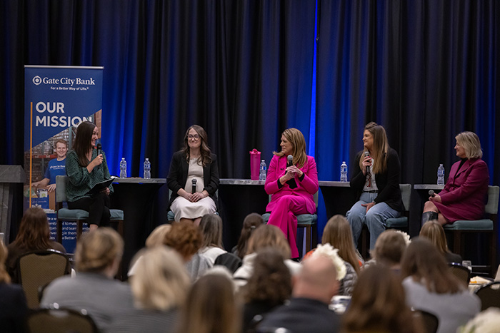Five women business leaders talk about leadership and overcoming adversity at an event hosted by Gate City Bank in Fargo, ND.