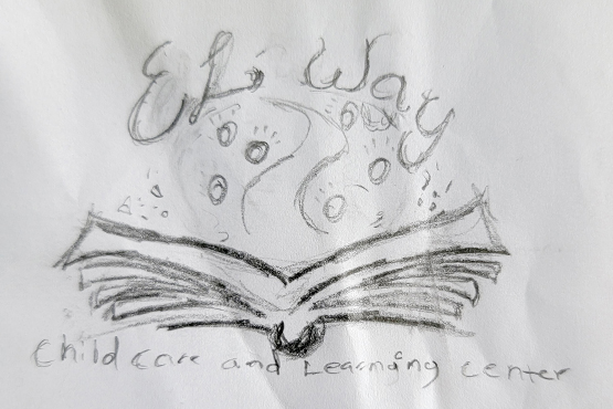A sketch of the El Way Child Care and Learning Center logo, penciled out on the back of a restaurant napkin