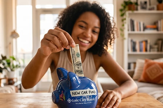 A gen Z woman puts money into a Gate City Bank piggy bank labeled new car fund in her home in Alexandria, MN.