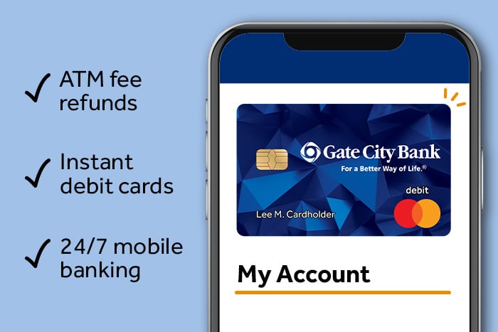 Gate City Bank debit card on mobile device, plus perks like ATM fee refunds, instant debit cards and 24/7 mobile banking