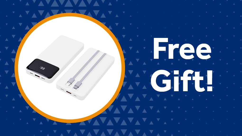 White portable power bank with USB-C and Lightning charging cables, available as a free checking gift from Gate City Bank