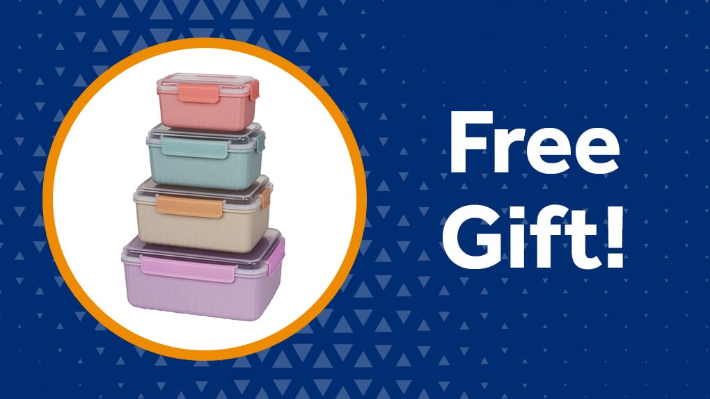 Stack of four pastel food storage containers with snap-and-lock lids, available as a free gift for referrals and new customers
