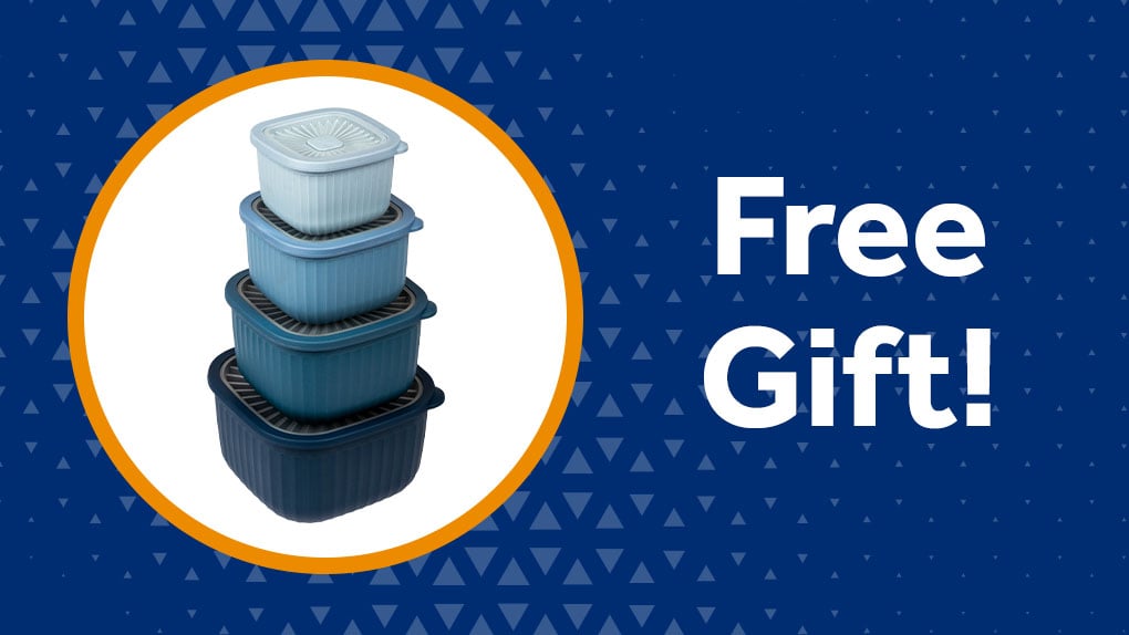Stack of four blue food storage containers with air-tight lids, available as a free checking gift from Gate City Bank