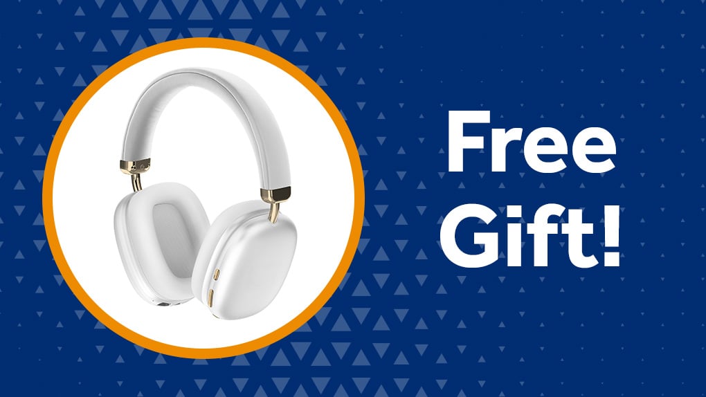 White and gold wireless noise-canceling headphones, available as a free gift for referrals and new customers