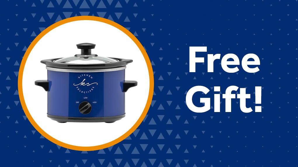 Small blue slow cooker, available as a free gift for referrals and new customers
