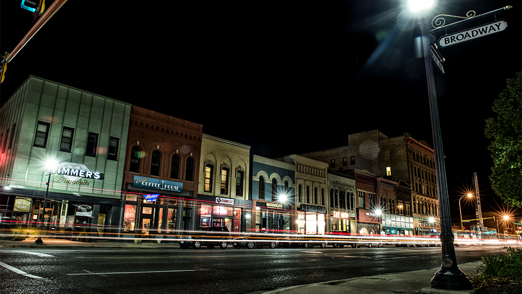 bustling main street night scene in a small North Dakota community