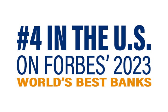 Gate City Bank’s visual graphic with blue and orange lettering that says number four in the U.S. on Forbes’ 2023 world’s best banks