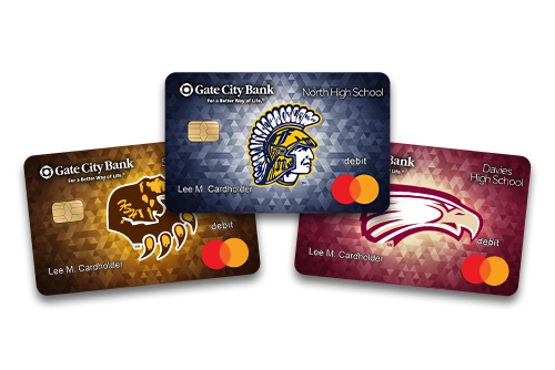 Collage of Gate City Bank local school debit cards, featuring Fargo North Spartans, Fargo South Bruins and Davies Eagles.