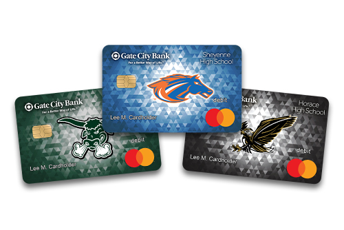 Collage of Gate City Bank local school debit cards, featuring Sheyenne Mustangs, West Fargo Packers and Horace Hawks