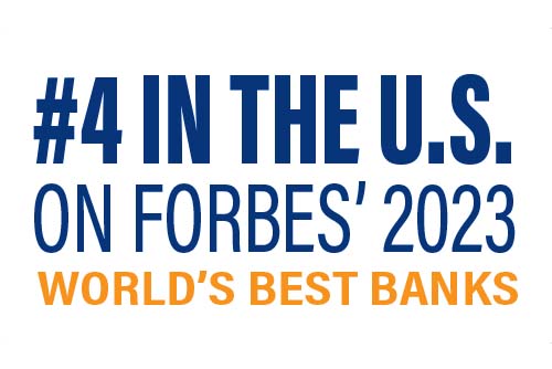 blue and orange lettering that says number four in the US on Forbes’ 2023 world’s best banks