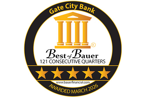 gold Best of Bauer seal showing Gate City Bank has received a five-star rating since 1996