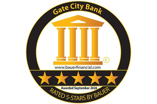 gold Best of Bauer seal showing Gate City Bank has received a five-star rating since 1996