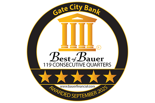 gold Best of Bauer seal showing Gate City Bank has received a five-star rating since 1996