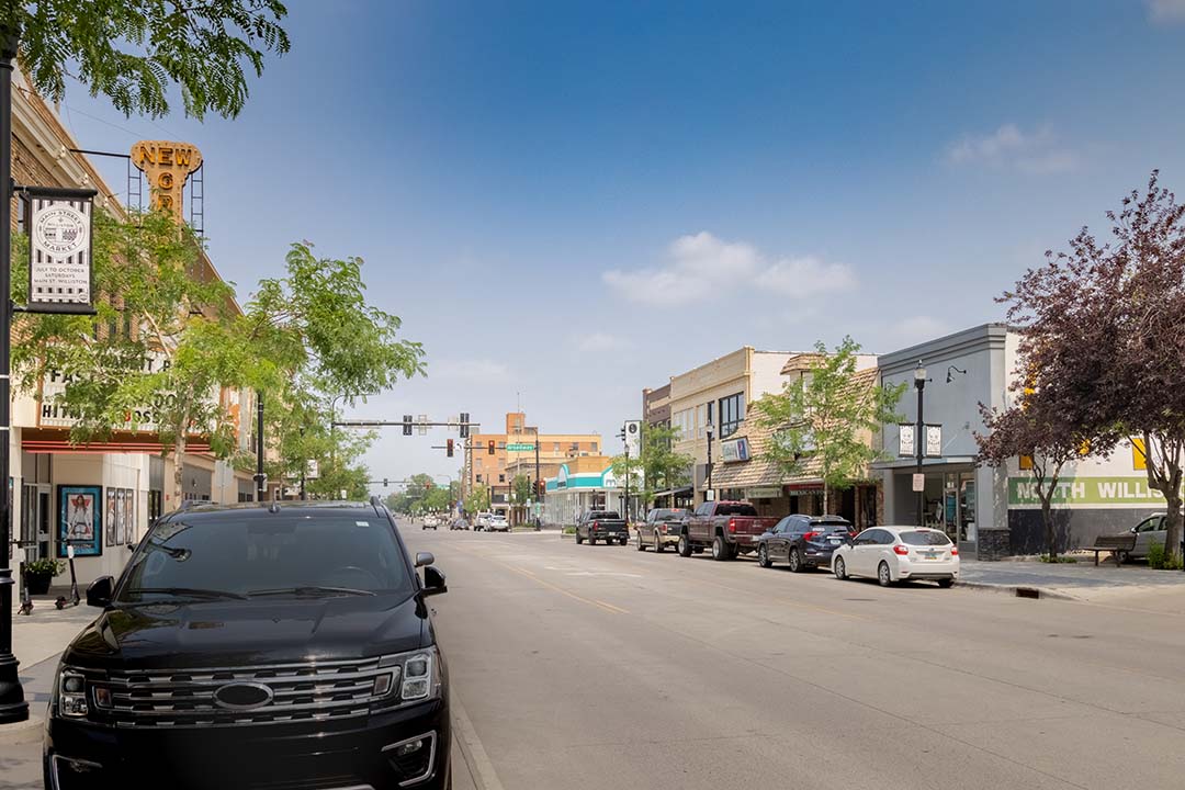 Main Street view of downtown Williston, North Dakota, on a clear sunny day