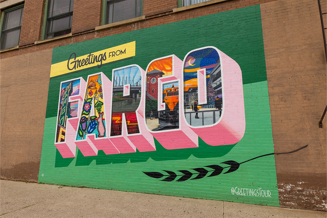 Colorful and unique Fargo mural located on 1st Avenue North in downtown Fargo, ND