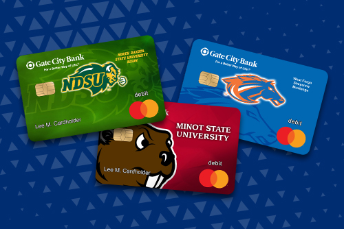 a sample collection of My School Spirit custom debit cards from Gate City Bank