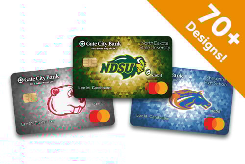 Sample collage of 70+ school debit card designs available free from Gate City Bank 