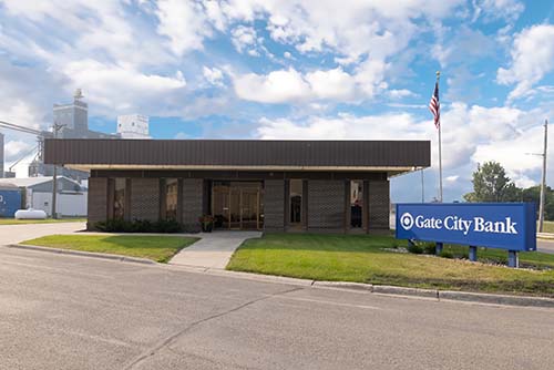 Front door of Gate City Bank, located at 11 1st Street SE in Mayville, North Dakota