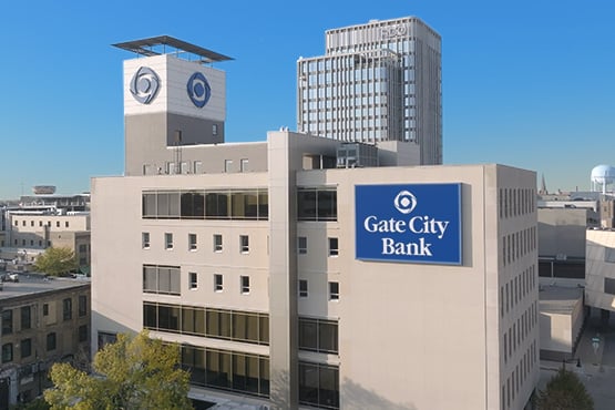 Photo of Gate City Bank corporate location in downtown Fargo, ND on a sunny day