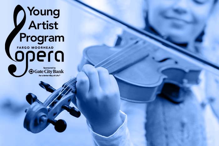 Gate City Bank F-M  Young Artists Program logo overlays an all blue image of someone playing a violin