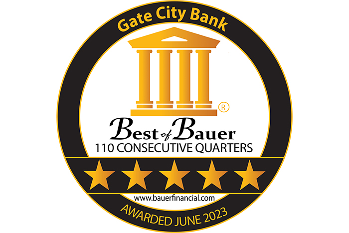 Gate City Bank’s black and gold Best of Bauer seal for 110 consecutive quarters in June 2023