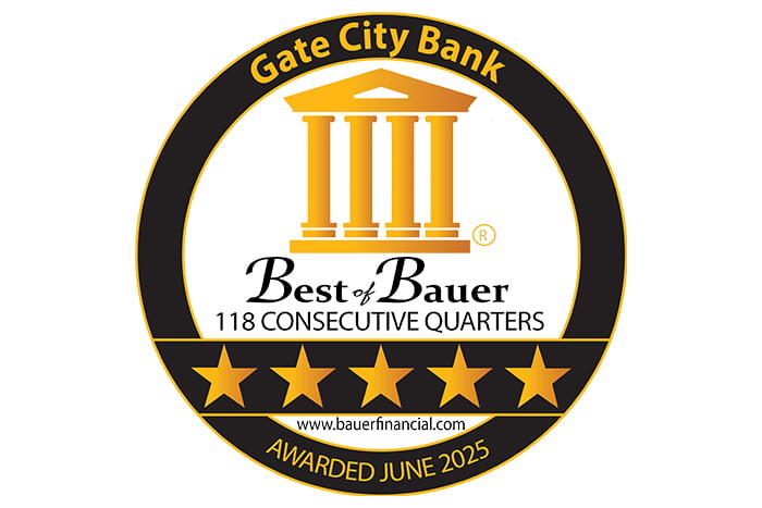 gold Best of Bauer seal showing Gate City Bank has received a five-star rating since 1996