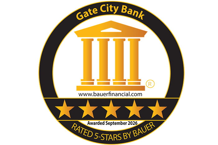 gold Best of Bauer seal showing Gate City Bank has received a five-star rating since 1996