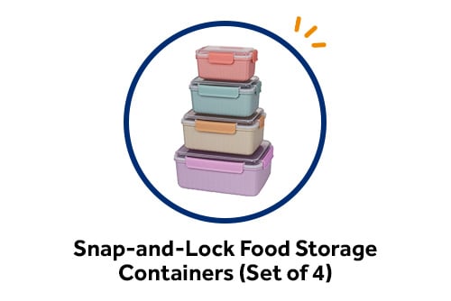 Stack of four plastic, pastel-colored food storage containers with snap-and-lock lids, available as a free checking gift 