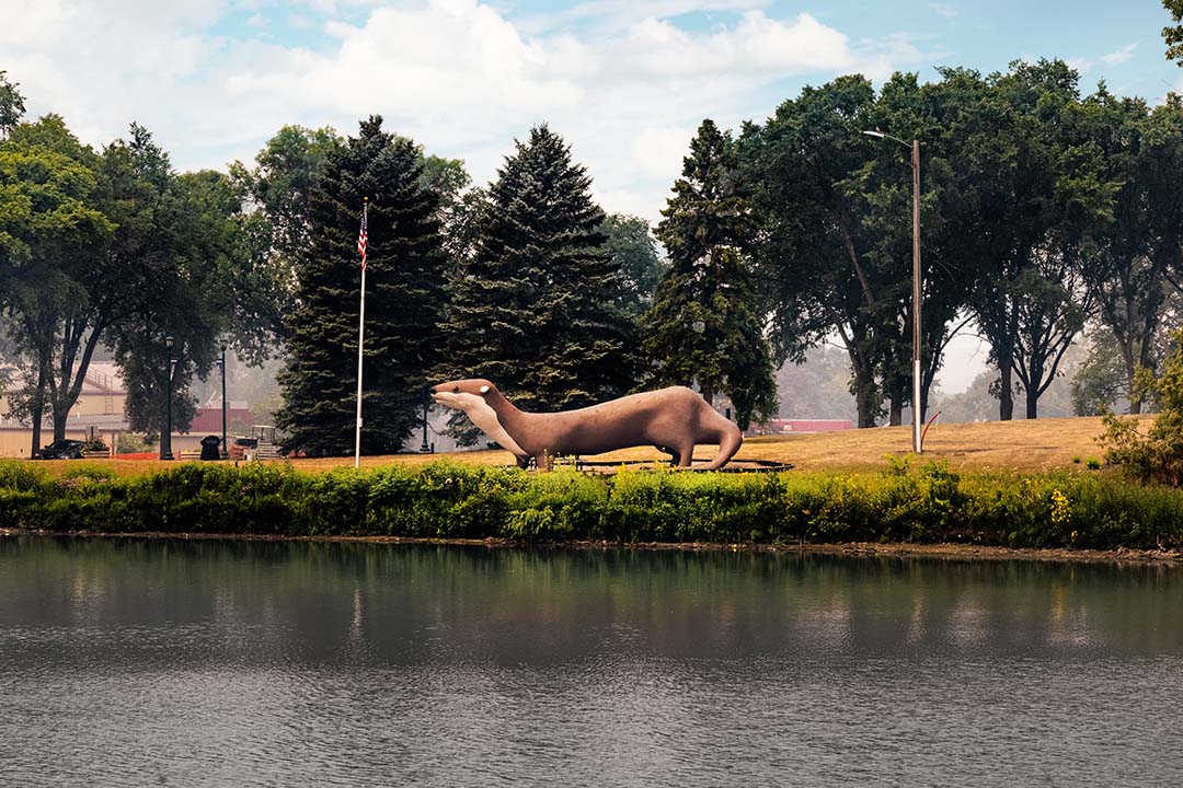 Lake view of the Otto the Big Otter statue in Adams Park in Fergus Falls, MN