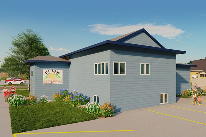 A rendering of happy parents and kids outside of El Way Child Care and Learning Center, a day care in Grand Forks, ND