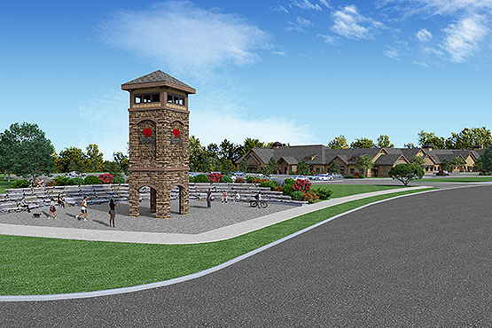 an outdoor-view design rendering of the music-playing bell tower at Hospice of the Red River Valley’s new hospice house facility in south Fargo North Dakota