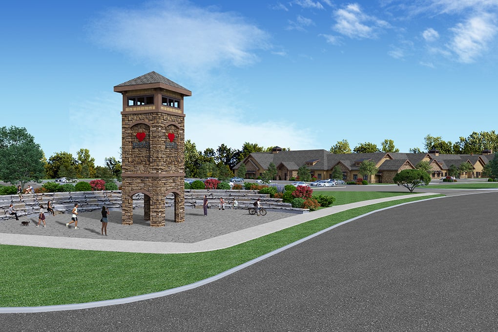 an outdoor-view design rendering of the music-playing bell tower at Hospice of the Red River Valley’s new hospice house facility in south Fargo North Dakota
