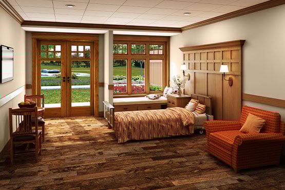 an indoor-view design rendering of an inpatient room at Hospice of the Red River Valley’s new hospice house facility in south Fargo North Dakota