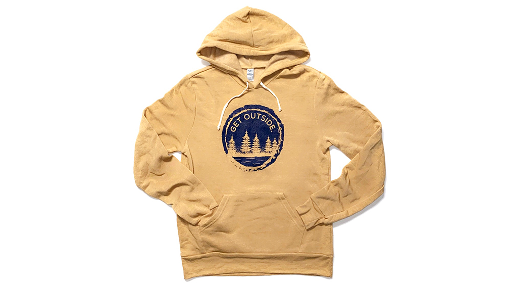 Get Outside: yellow hooded sweatshirt with Get Outside brand logo